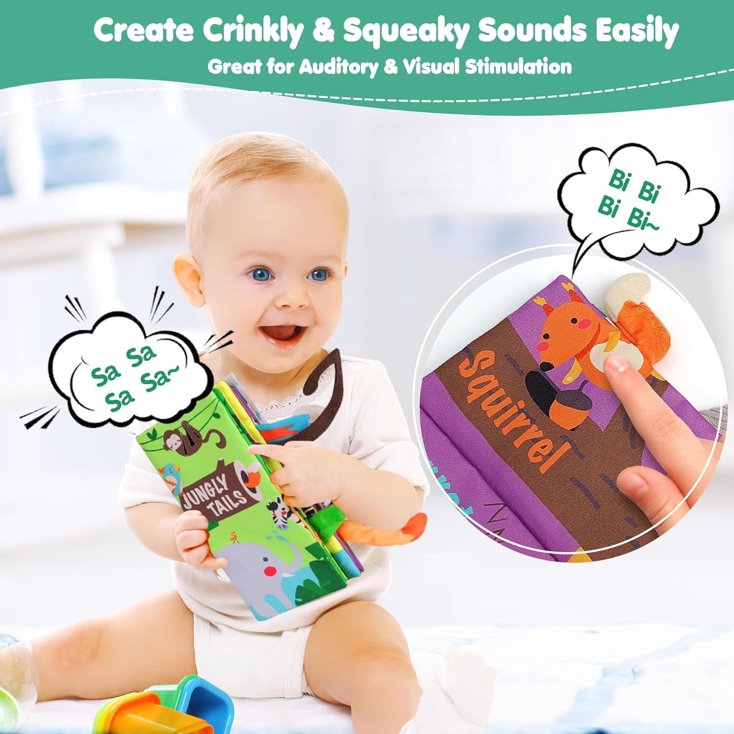 Baby Books Toys, Touch and Feel Crinkle Cloth Book for Infant Baby 0-3-6-12-18 Months, Early Development Interactive Stroller Soft Toys, Shower Gifts Christmas Stocking Stuffers for Boys Girls